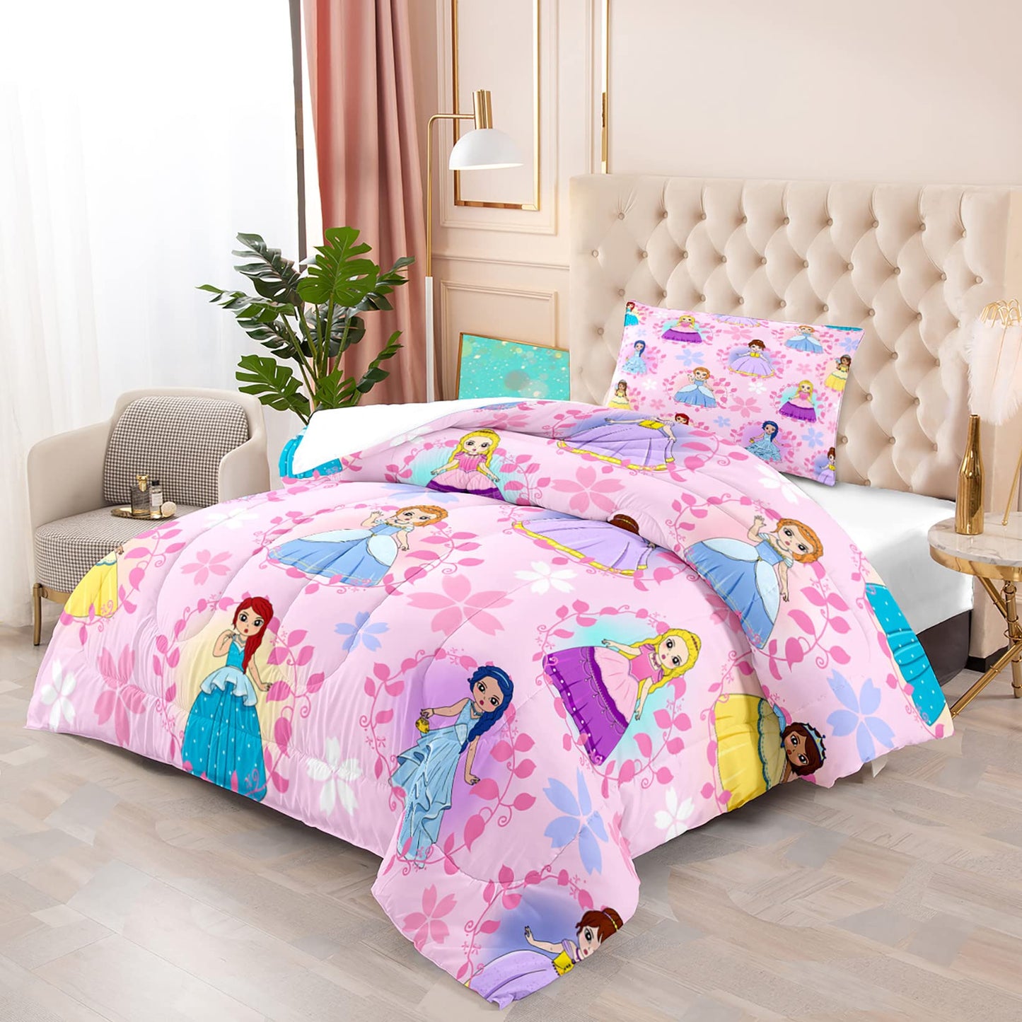 FJKJHKGJ Princess Comforter Sets Twin for Girls, Cute Princess Bedding Comforter Sets, Pink Twin Size Comforter Set for Girls Kids Twin Bedding Set with 1 Pillowcase