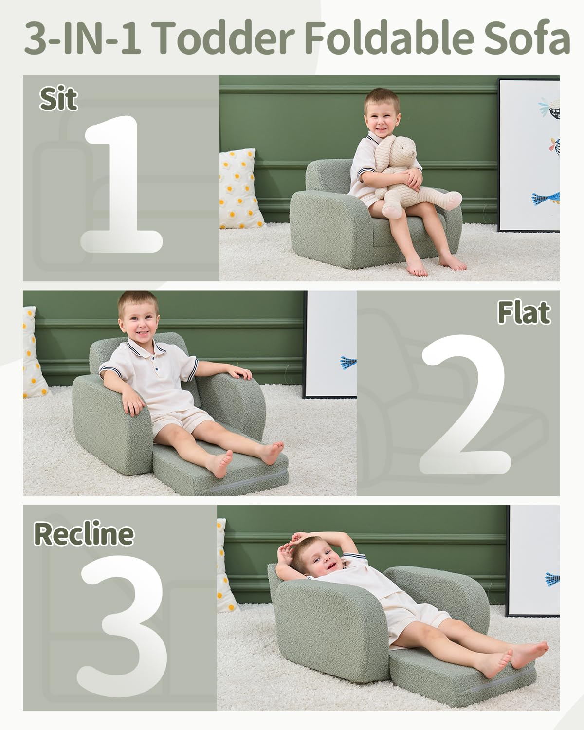 KidBloom 3-in-1 Kids Couch, Toddler Chairs Comfy 2–3 Years Old, Kid Sofa, Kids Couch Bed Fold Out, Gifts for 2 3 Year Old Girls Boys