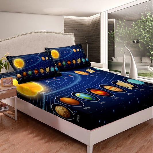 Feelyou Solar System Fitted Sheet Space Galaxy Bed Sheet Set Eight Planets Astronomy Bedding Queen Size Includes 1 Sheets & 2 Pillowcases (No Flat Sheet)
