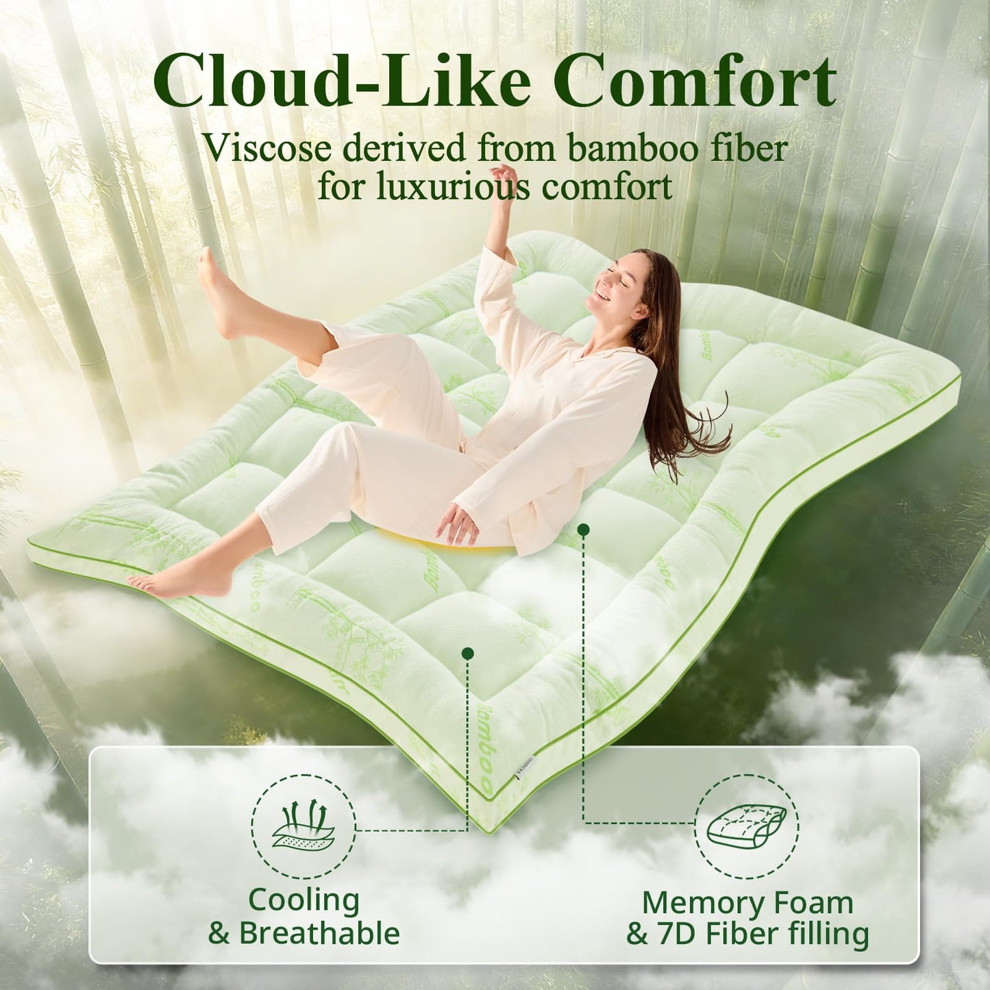 KRIMANO Memory Foam Mattress Topper - Viscose Made from Bamboo Pillow Top Thick Queen Size Mattress Pad for Back Pain, Ultra Soft & Cooling for Hot Sleepers, 6-18'' Deep Pocket, Green