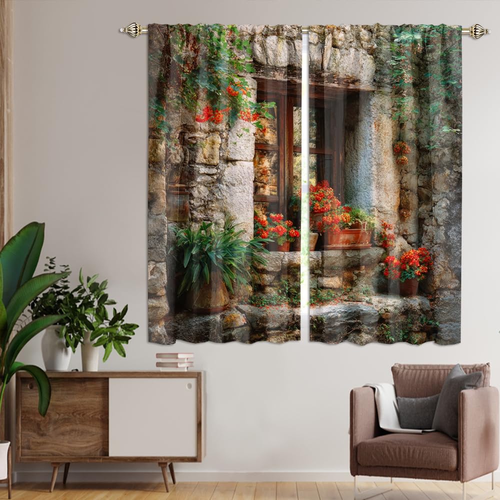XSUPFLYM Beautiful Rustic Spring Garden Blackout Curtain for Living Room Fantasy Vintage Stone Wall Plant Flowers Pattern Thermal Insulated Curtain for Bedroom 2 Panels Each 21" W x 45" L