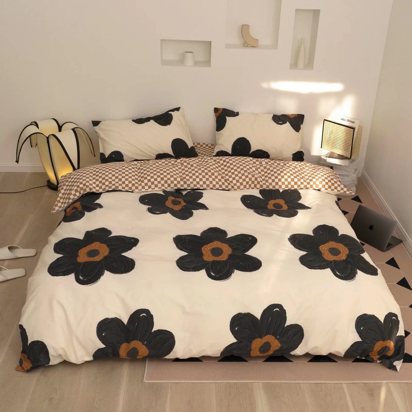 KAREVER Black Floral Comforter Set Black Botanical Bedding Full Women Chic Blankets Lightweight Black Sunflower Reversible Bed Comforter Set Full Size
