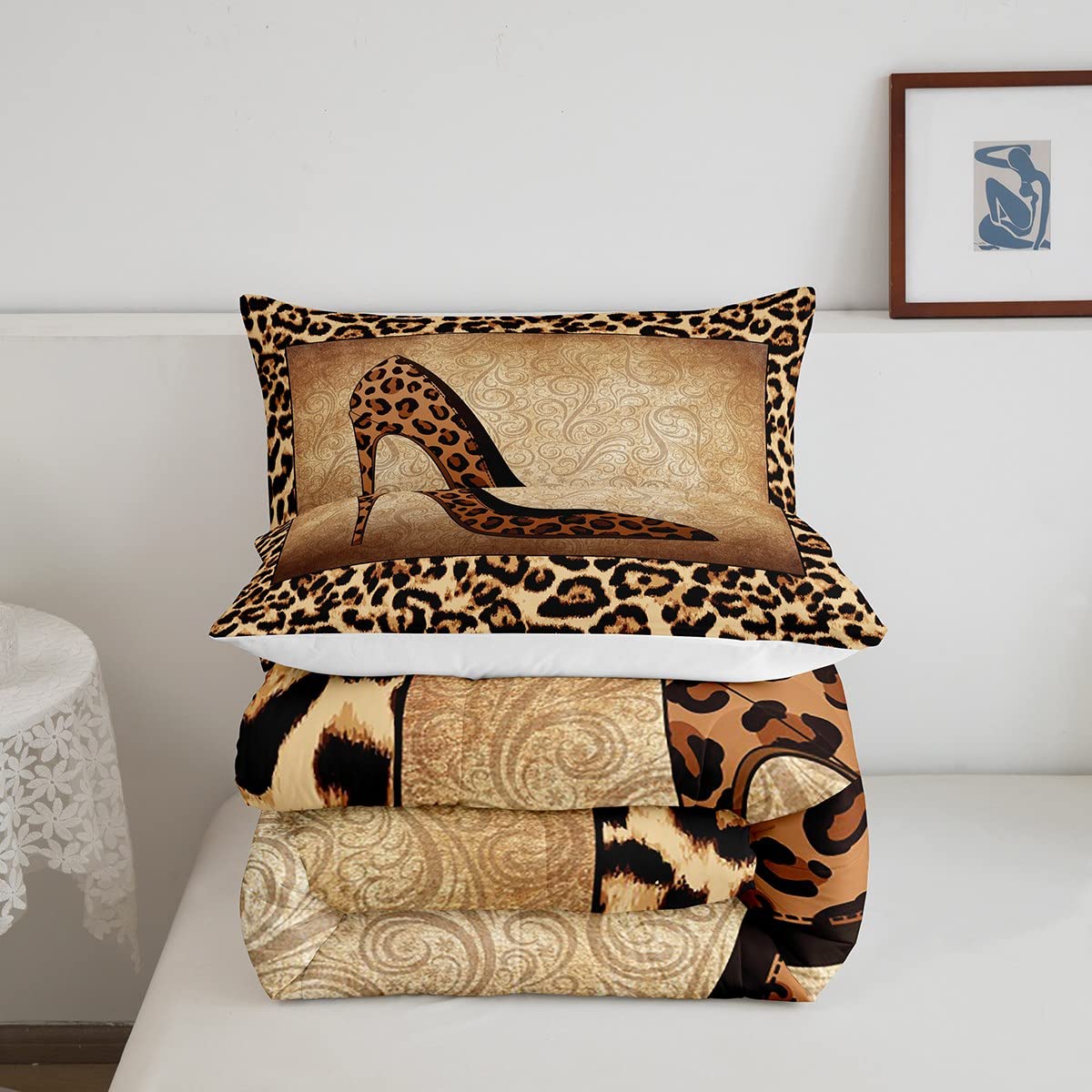 Leopard High Heels Bedding Set Full Size Romantic Mandala Floral Comforter Set 3pcs for Kids Girls Women Adult Room Decor Wild Animals Skin Quilt Set Fashion Brown Duvet Insert,2 Pillowcases