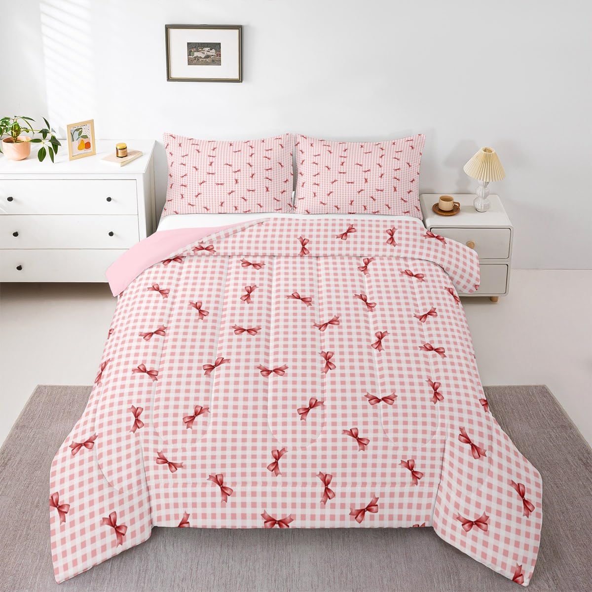 Erosebridal Girls Bow Comforter Set Pink Buffalo Plaid Full Size Bedding Sets | Cute Ribbon Bowknot Comforter Kawaii Grid Lattice Bow Tie Bed Set