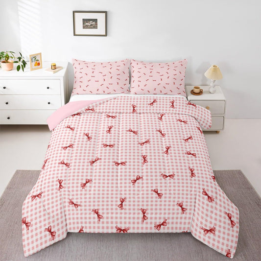 Erosebridal Girls Bow Comforter Set Pink Buffalo Plaid Full Size Bedding Sets | Cute Ribbon Bowknot Comforter Kawaii Grid Lattice Bow Tie Bed Set