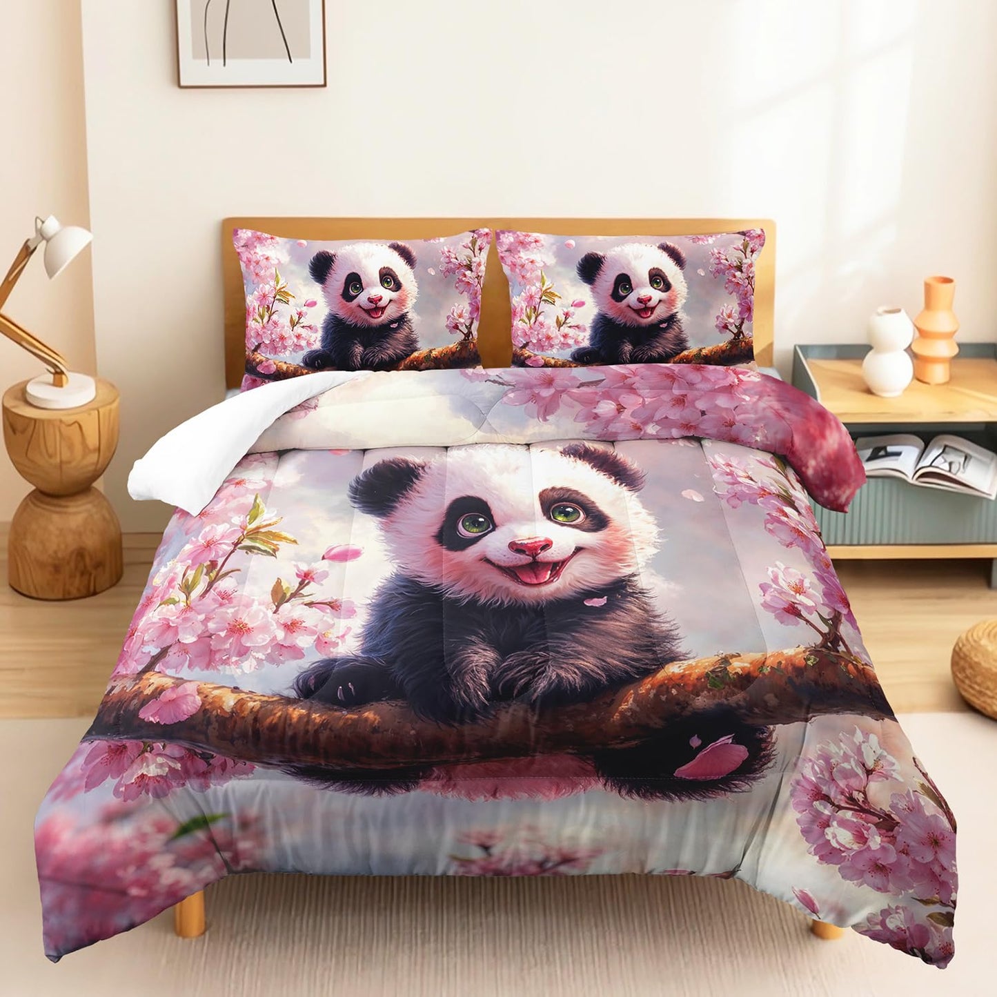 Kawaii Black White Panda Comforter 3Pcs Queen Wild Animal Bear Bedding Set