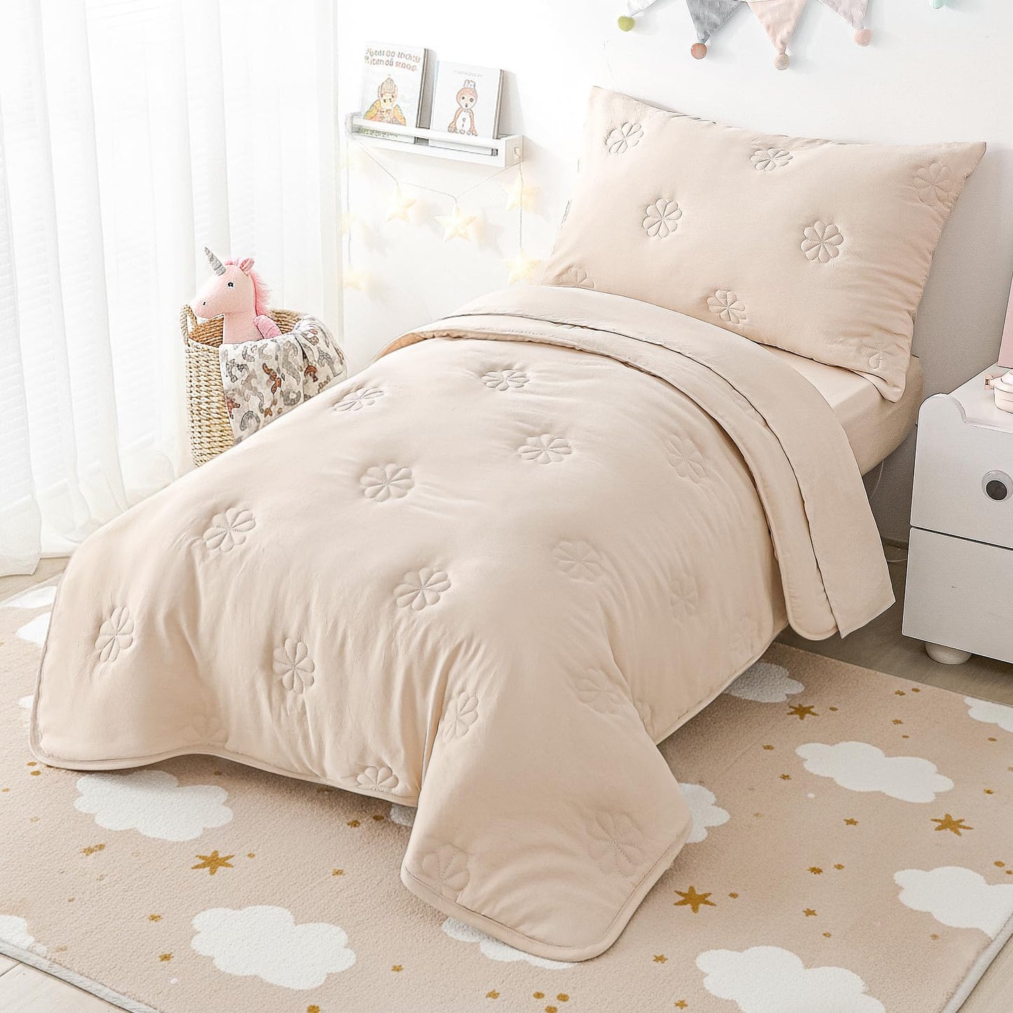 DreLunis 4-Piece Toddler Bedding Sets for Girls Boys, Soft Microfiber Floral Embroidery Toddler Bed Comforter Bed-in-a-Bag Includes Comforter, Flat Sheet, Fitted Sheet, Envelope Pillowcase, Beige