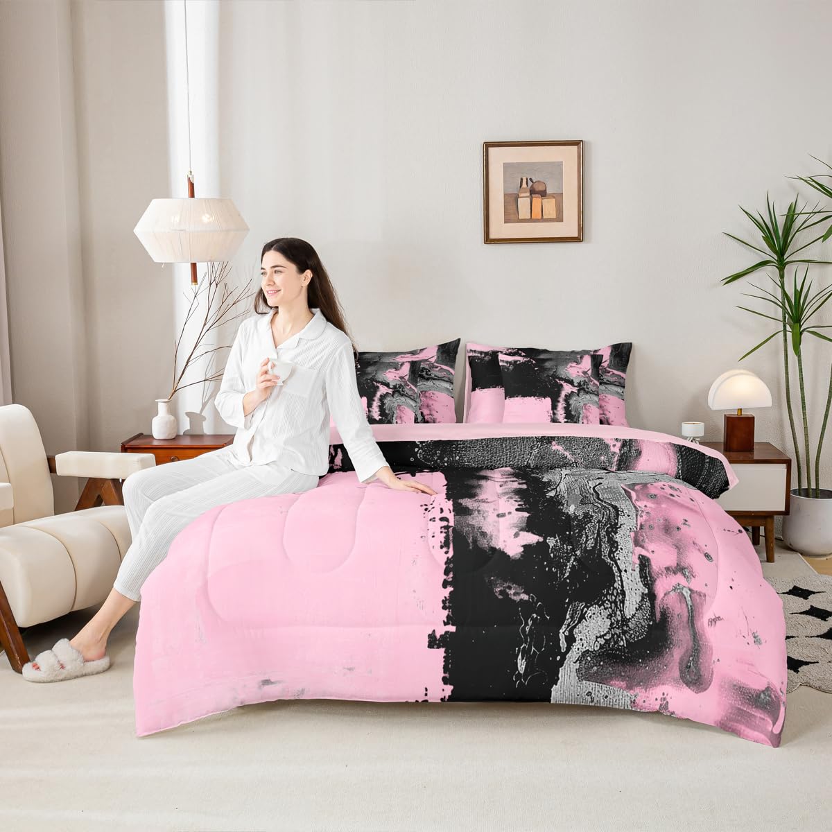 Feelyou Abstract Comforter Set King Size 7 Pieces Modern Abstract Art Bedding Set Luxury Bed in a Bag with Comforter, Sheets, Pillowcases, Cushion Covers Geometric Bedroom Decor Pink Balck