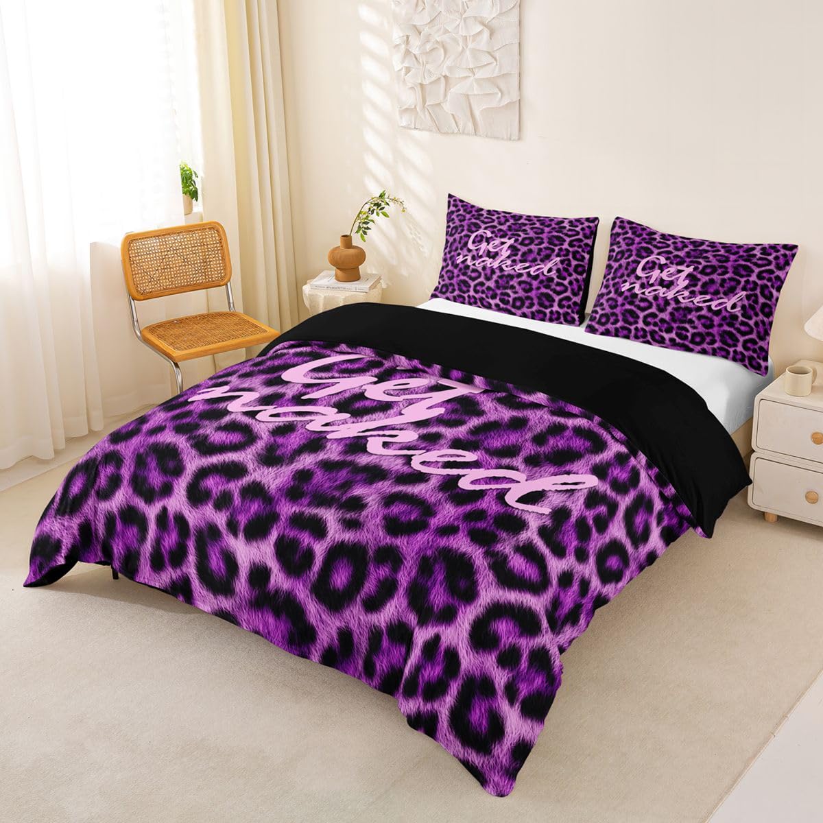 Feelyou Leopard Print Get Naked Duvet Cover King Size Funny Quotes Bedding Set for Boys Girls Purple Comforter Cover Cheetah Bedroom Decor 3Pcs