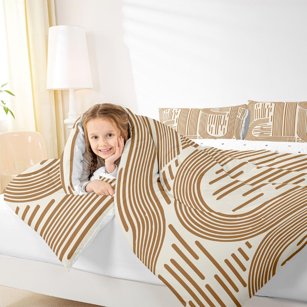 Feelyou Orange Modern Abstract Bedding Set Soft for Boys Girls, Boho Rainbow Comforter Set Queen Size Bohemian Geometric Duvet Quilt Microfiber Bedroom Decor 3 Pcs with 2 Pillow Cases
