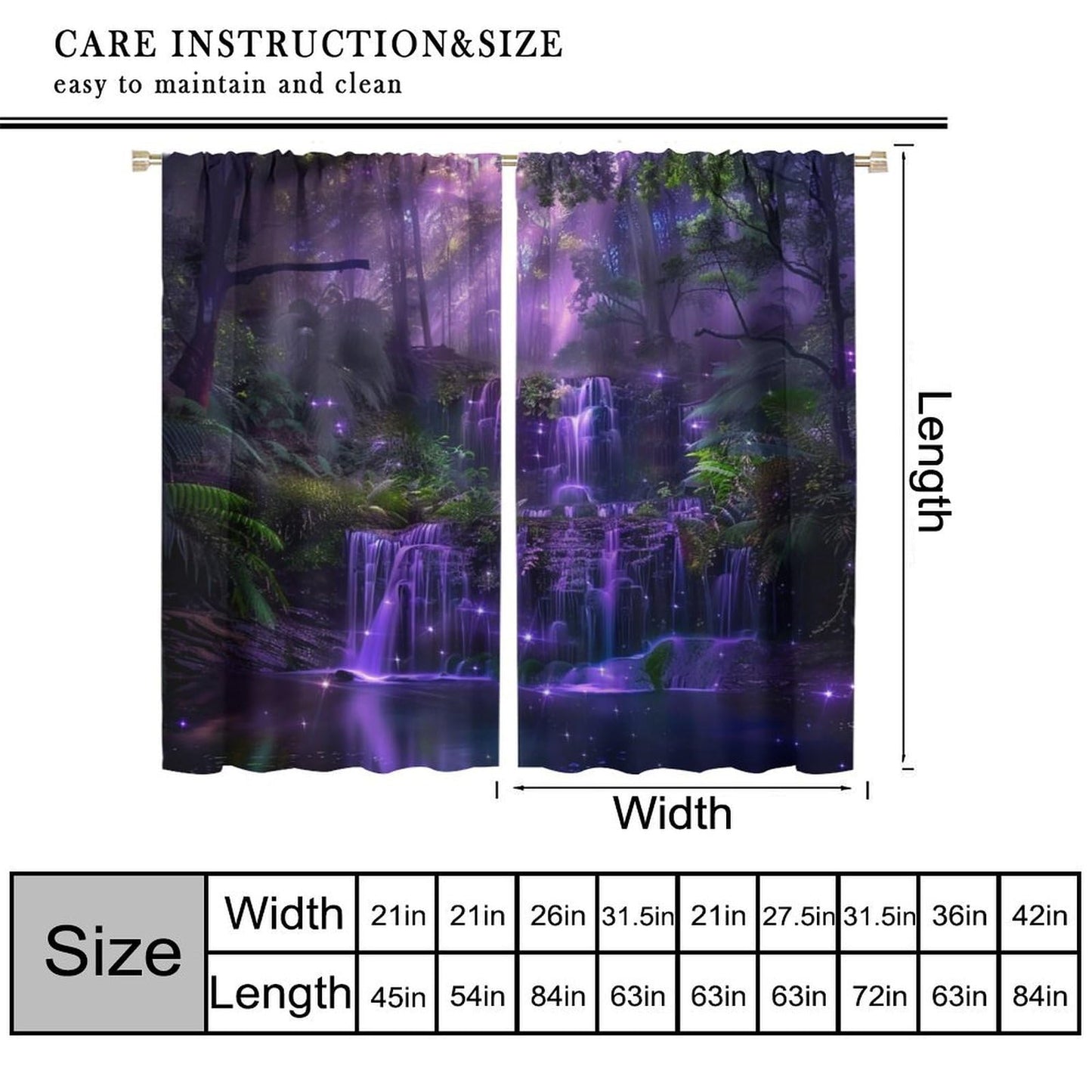 HZOHNAGO Enchanted Forest Curtains Fantasy Nature Purple Fireflies Waterfall Pattern Blackout Print Rod Pocket Window Drapes for Bedroom Living Room 42x63in