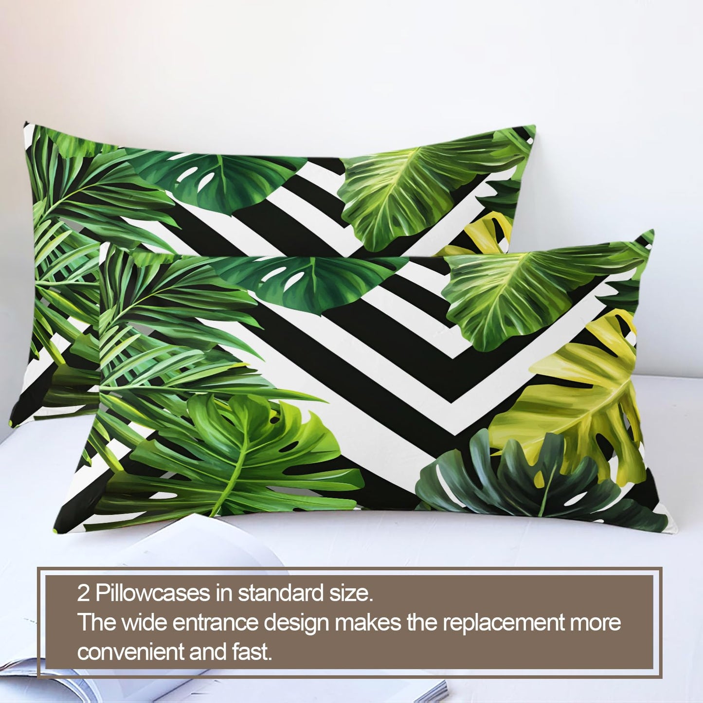GKPLY Tropical Leaves Bedding Duvet Cover, Monstera Comforter Set with Zipper, Green Print Duvet Cover Queen, 3 Pieces Bedding & Bedroom Decor, 2 Pillowcases