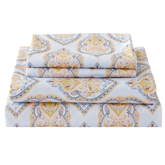 ChicView King Size Paisley Printed Sheet Set,4 Pieces Boho Style Breathable Soft Microfiber Bedsheets, Anti Pilling Deep Pockets Easy Care Bed Sheets, Yellow