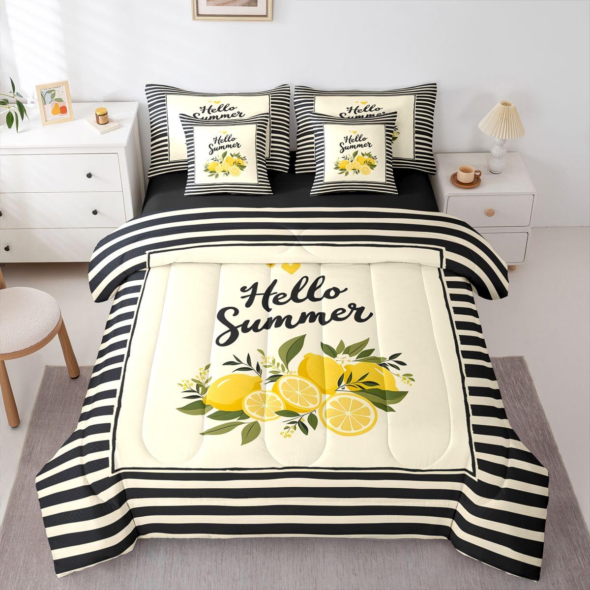 Erosebridal Hello Summer Queen Bedding Set Trendy Geometric Stripes Comforter Set with Flat and Fitted Sheet Kids Adults Refreshing Lemon 7-Piece Bed in a Bag Yellow Black Fruit Art Quilt Sets