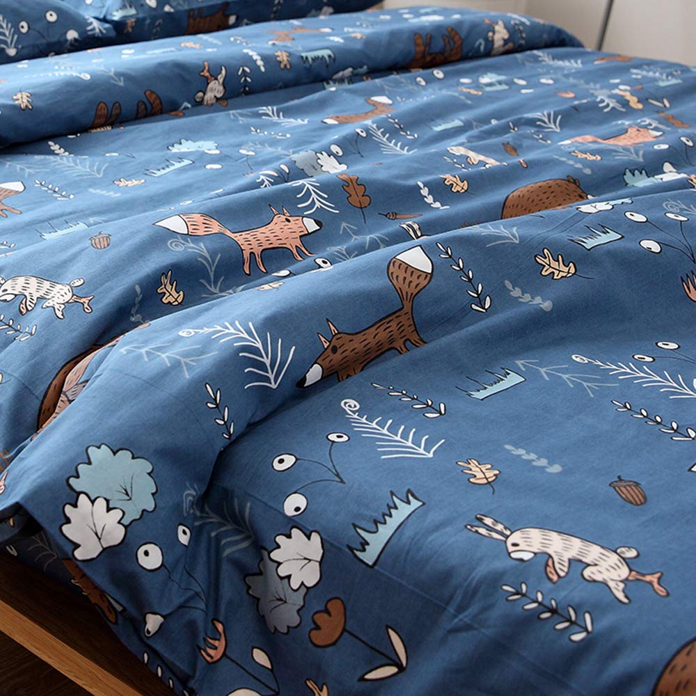 CLOTHKNOW Blue Animal Queen Duvet Cover Set Cartoon Bedding Duvet Cover Sets Forest Woodland Bedding Queen Rabbit Comforter Cover with 2 x Pillow Cases