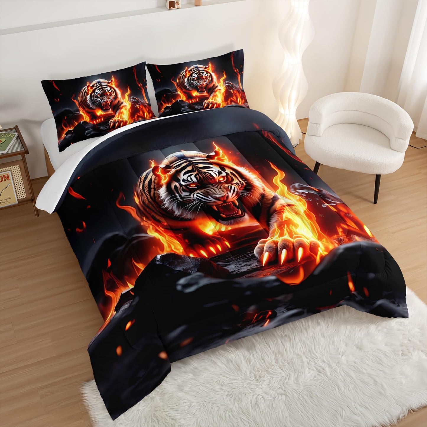 UEVBF Fierce Tiger Comforter Set Queen Size,Wild Animal Themed Bedding Sets for Kids Adults Boys Room Decor,with Flame Bed in a Bag Queen with 2 Pillowcases.