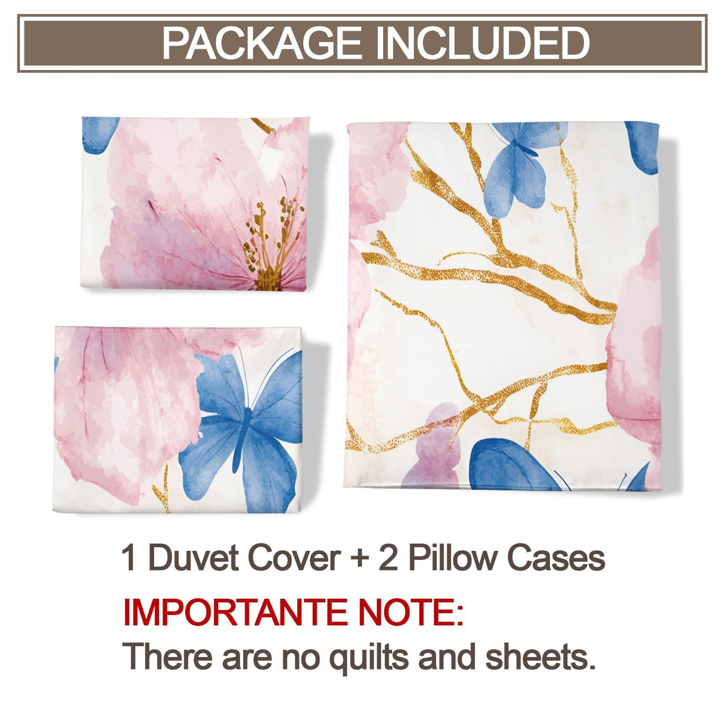GKPLY Blue Butterfly Comforter Set, Watercolor Floral Duvet Cover King, Elegant Spring Bedding with 2 Pillowcases, Duvet Cover with Zipper, 3 Pieces, Reversible Cherry Branch Bedding Set