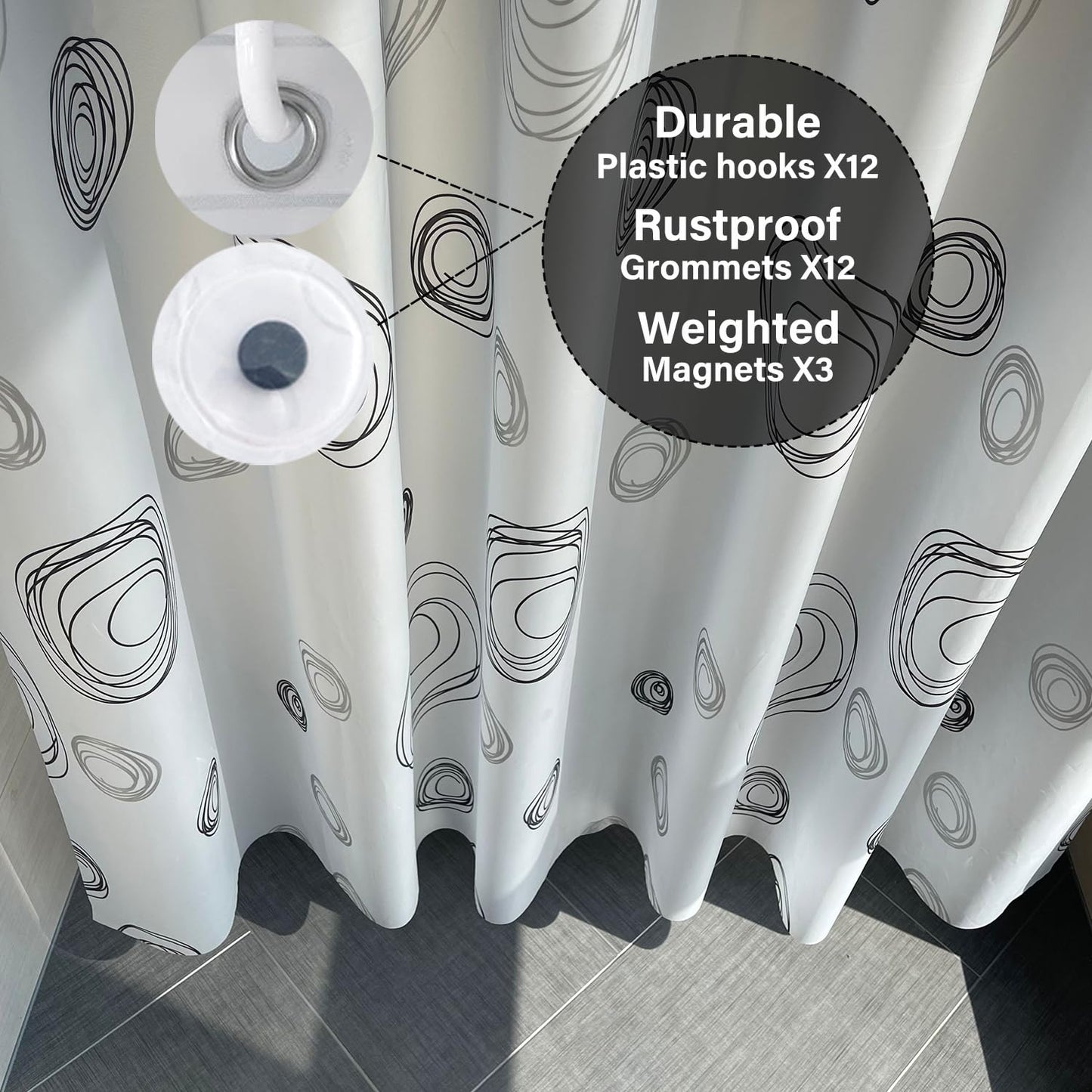Myratts Plastic Shower Liner - Premium EVA 6G Thickened Shower Curtain Liner with Rustproof Grommets and 3 Weighted Magnets, Waterproof Shower Curtain for Bathroom(Black Circle)