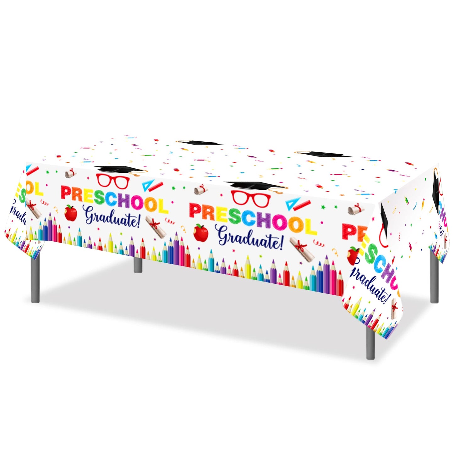 CC HOME 1Pc Preschool Graduation Party Plastic Tablecloth 54 x 87 Inch Long Table Cover, Colorful Crayon Party Tablecover for Graduate Theme Kids Baby Shower Birthday Dinner Picnic Kitchen Event