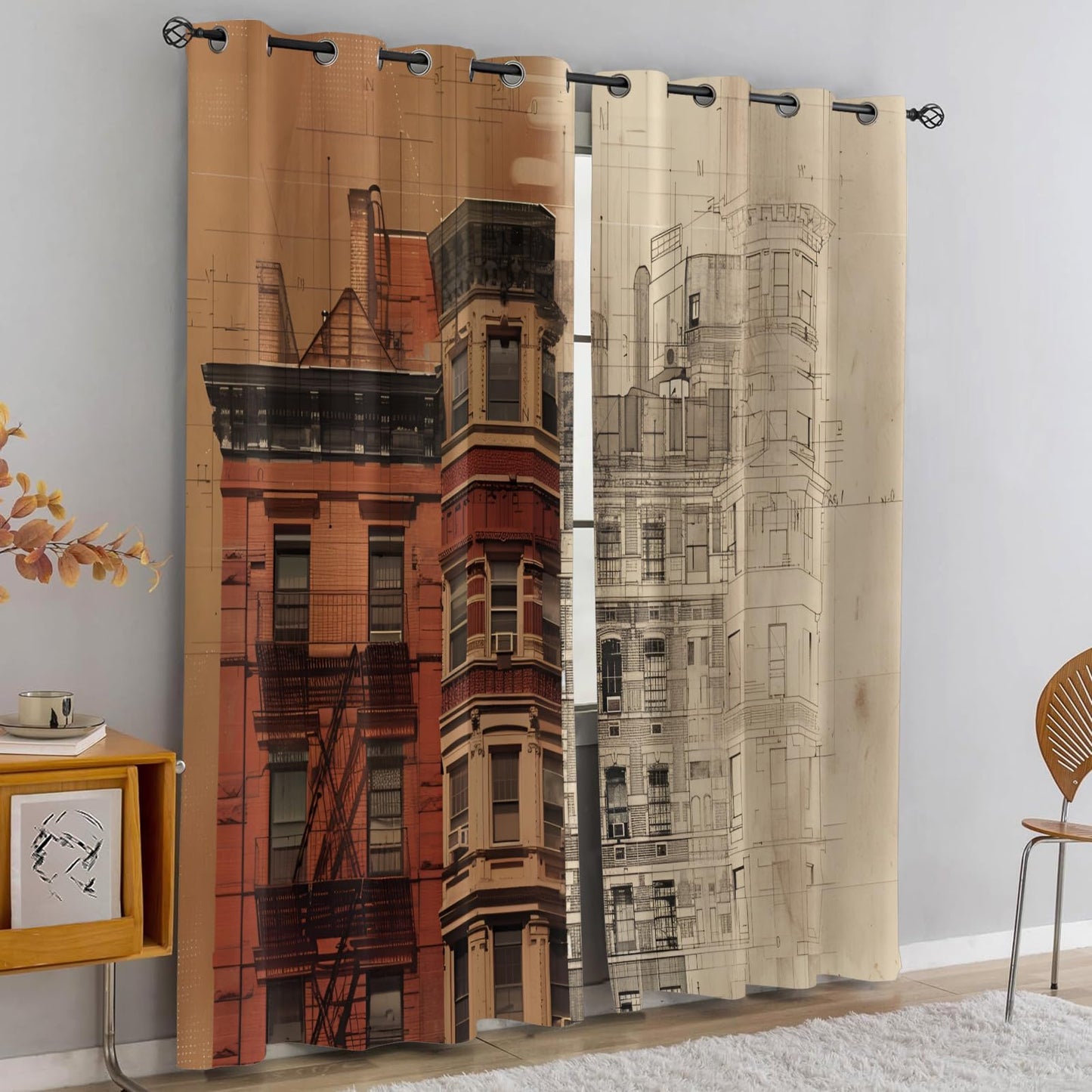 XAFIAUR Retro Architecture Curtains,City Blackout Curtains Artistic Illustration Grommet Drapes 2 Panels for Bedroom Living Room 31.5" W x 63" L x2