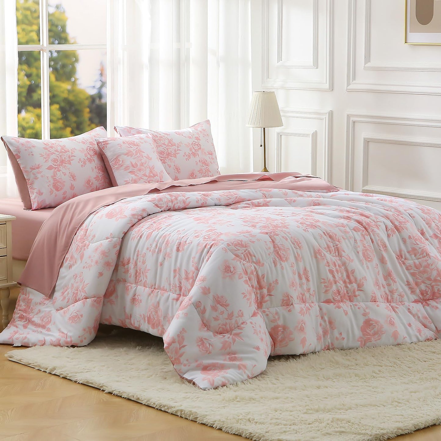 JQinHome Queen Comforter Set - 6 Pieces Reversible Pink Rose Floral Bedding Set, Bed in a Bag with Solid Pink Back Microfiber Comforter, Sheets & Cushion Cover, Edredones Queen Set Completo