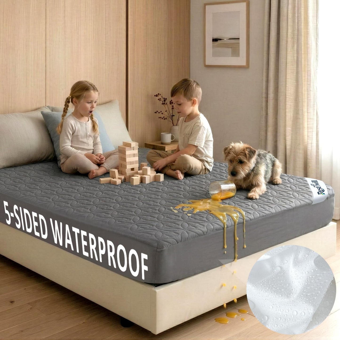 RestTwill 5-Sided Waterproof Mattress Protector, Advanced Water Repellent Top & TPU Backing, Ultrasonic Quilted Microfiber Bed Cover, Noiseless Pad (Gray, Full)