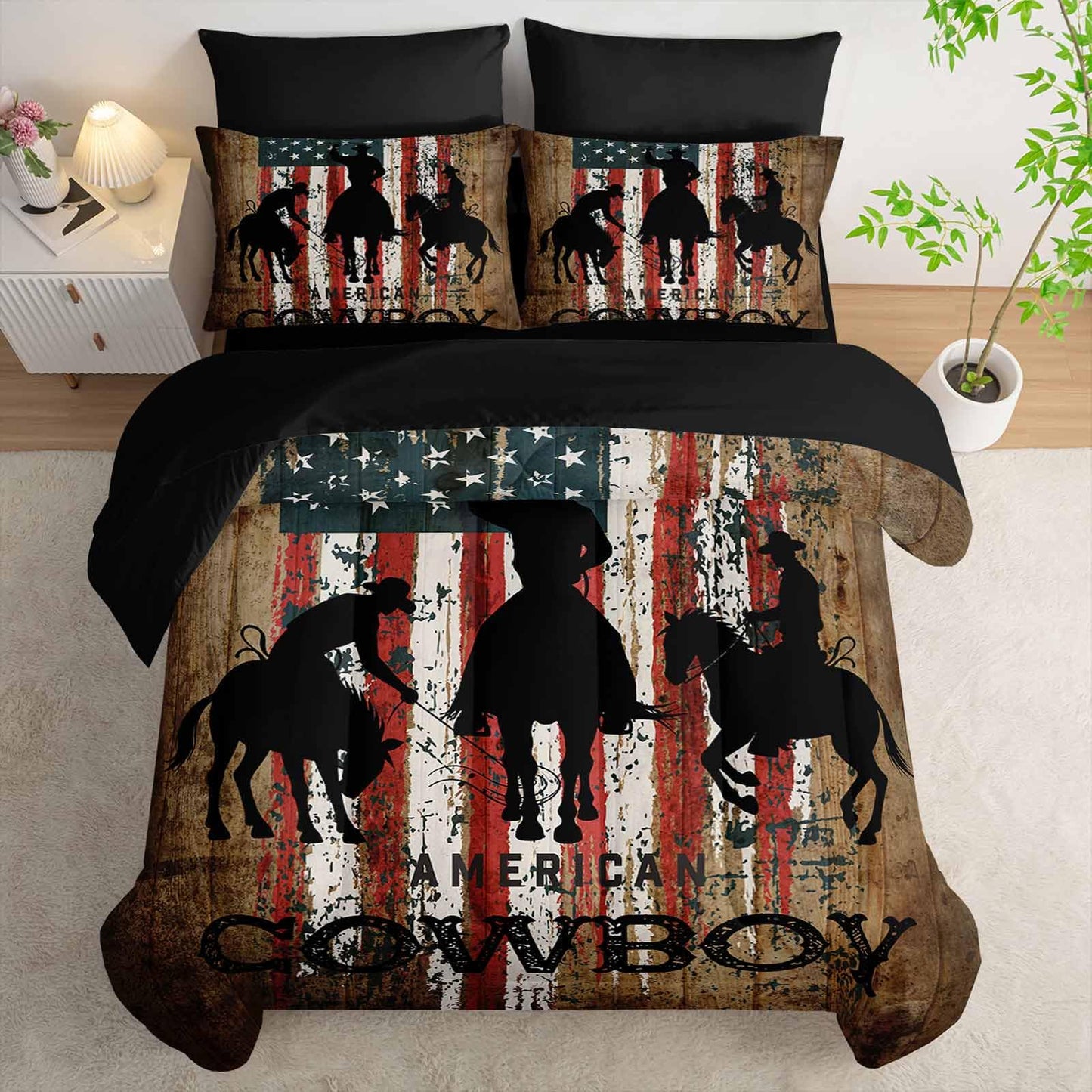 AILONEN Western Cowboy Comforter Set Full Size,7-Piece Rodeo Cowboy Riding Bull Bed in a Bag,United States Retro Country Style Comforter & Fitted Sheet & Flat Sheet & 2 Pillowcases,Soft Microfiber