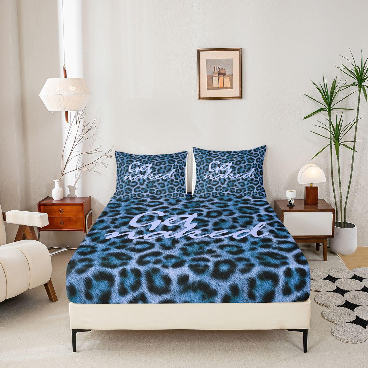 Feelyou Leopard Print Get Naked Fitted Sheet Full Size for Kids Boys Girls Funny Quotes Bed Sheets Set 16" Deep Pocket Soft Microfiber Blue Black Bedding with 2 Pillowcases Cheetah Room Decor