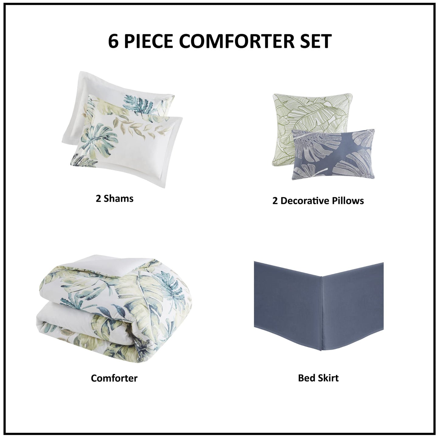 Harbor House Cozy Cotton Comforter Set - Coastal, All Season Down Alternative Casual Bedding with Matching Shams, Decorative Pillows, Lorelai, Monstera Leaf Green King(110"x96") 6 Piece