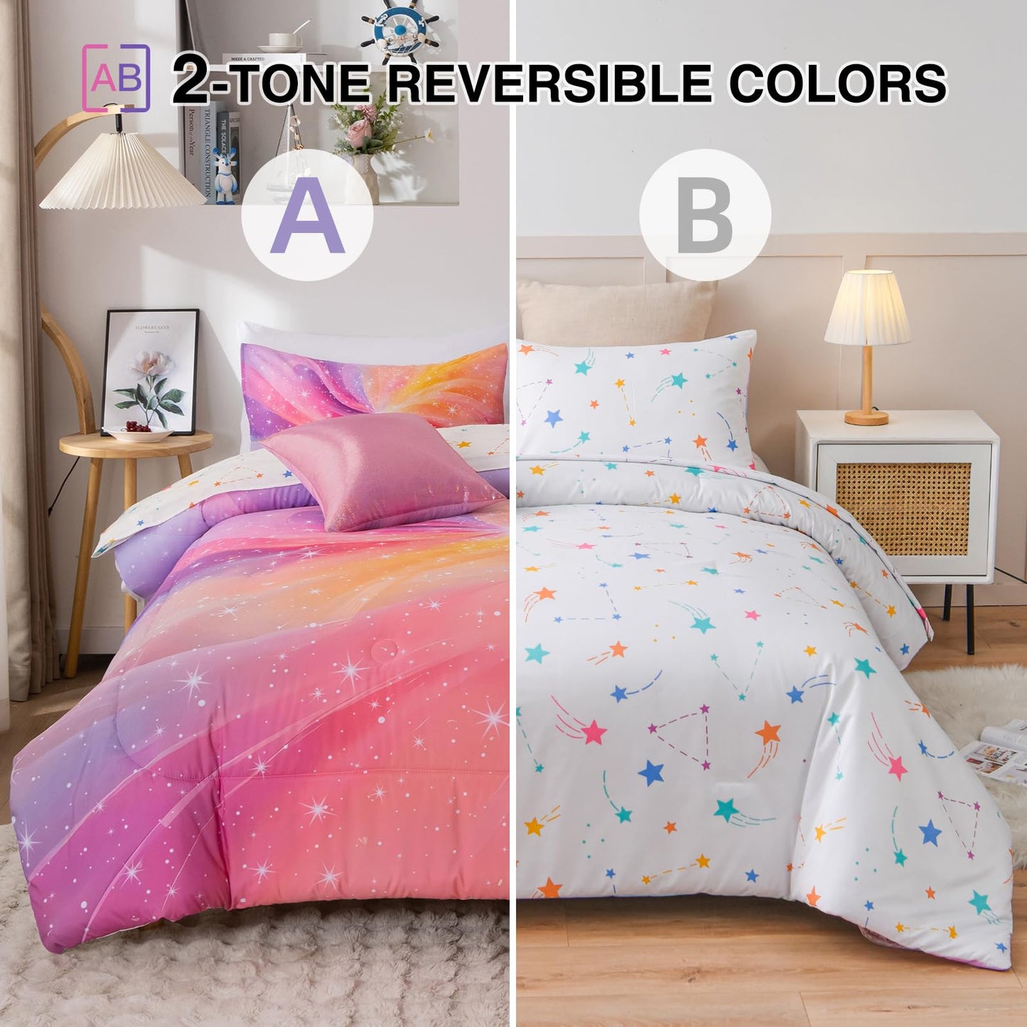 A Nice Night 6Pcs Twin Swirling Galaxy Dreamy Comforter Set, Colorful Rainbow Gradient Glitter Tie Dye Comforters, Ultra Soft Bedding Set (Purple-Pink, Twin 6Pcs)