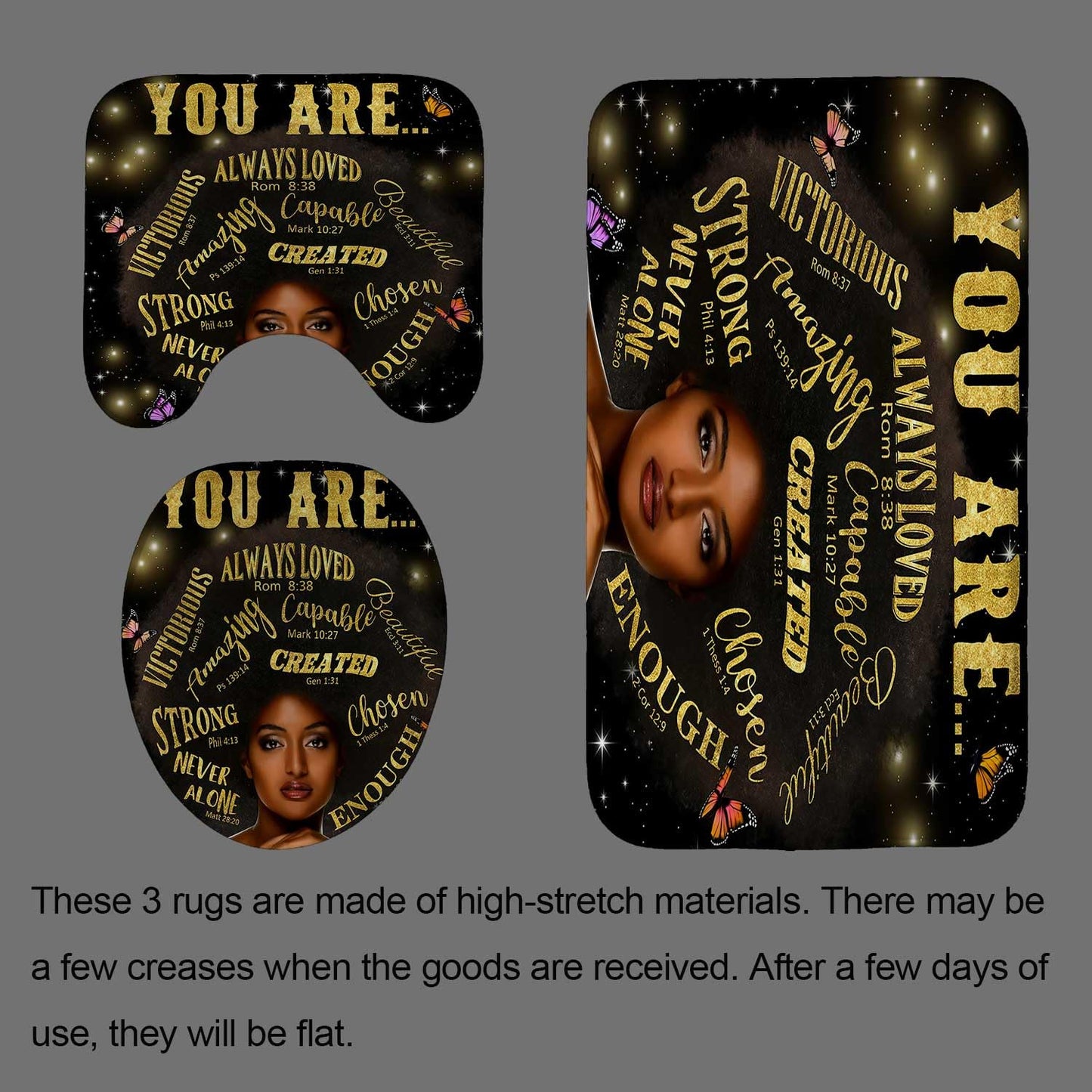 Jayden Madge 4PCS Afro Black Girl Shower Curtain Set, Purple Orange Butterfly Gold Glitter Motivational Quotes Elegant Melanin Queen African American Woman Bathroom Decor, Non-slip Bath Mat Toilet Rug