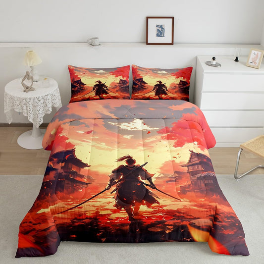 Japanese Style Full Comforter Set Samurai Sword Bedding Set Full for Boys Kids Teens, Anime Themed Bedding Comforter Sets Oriental Traditional Building Duvet Set, Asian Vintage Quilted Comforter