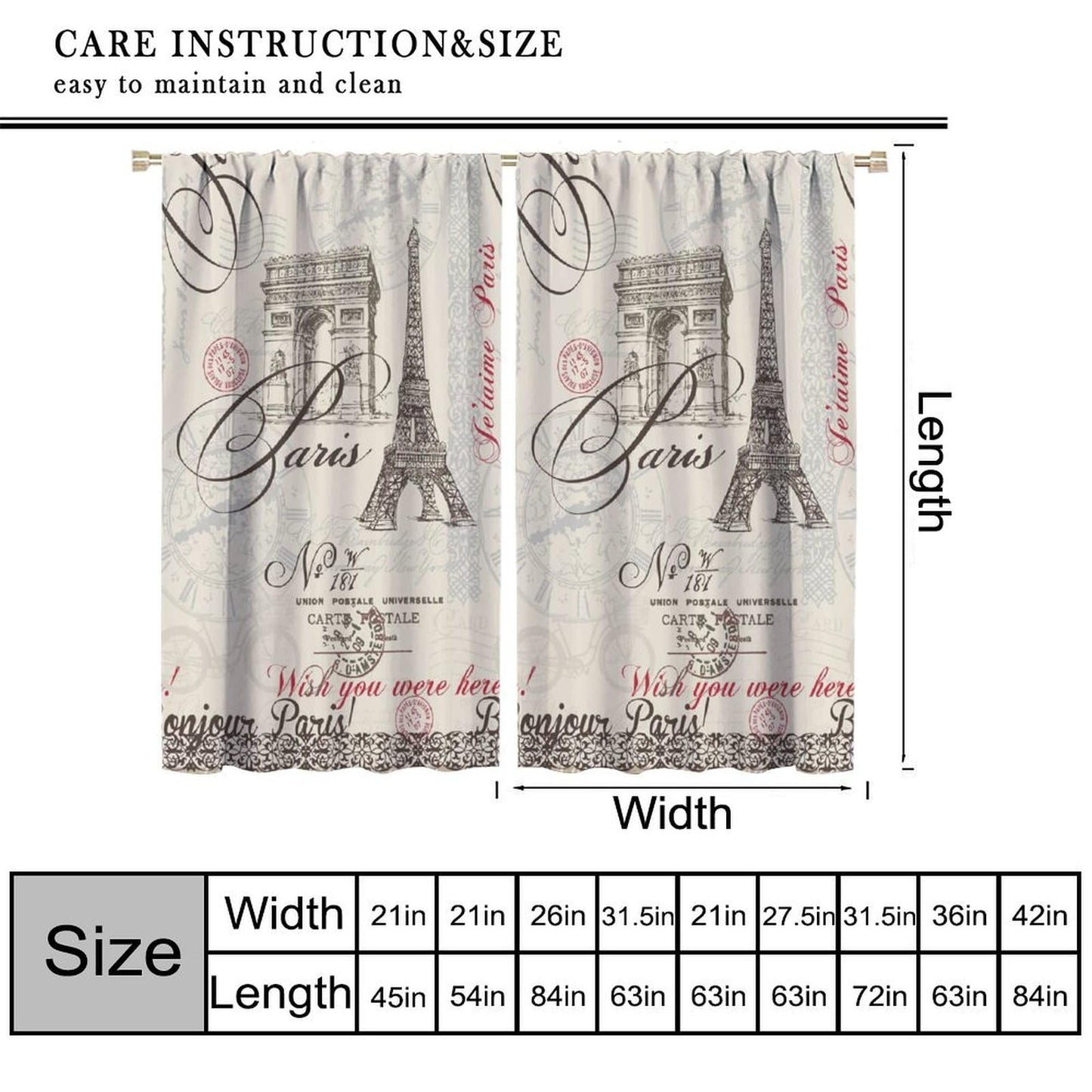 VUMIVI Vintage Stamps Curtains Paris Eiffel Tower Arc De Triomphe Postmarks Blessings Window Treatments for Bedroom Living Room Office Kitchen 42" W X 44.5" L