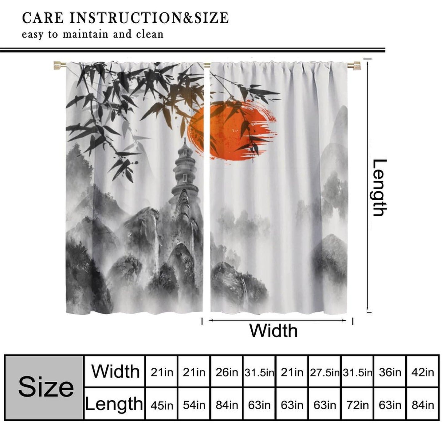 Japanese Curtain,Ink Painting Red Sun Sunset Bamboo Leaves Window Treatment Curtains Cloth Farbicr Dining Room Cafe Living Room Bedroom Kitchen Office Drapes Decor,42x45 in