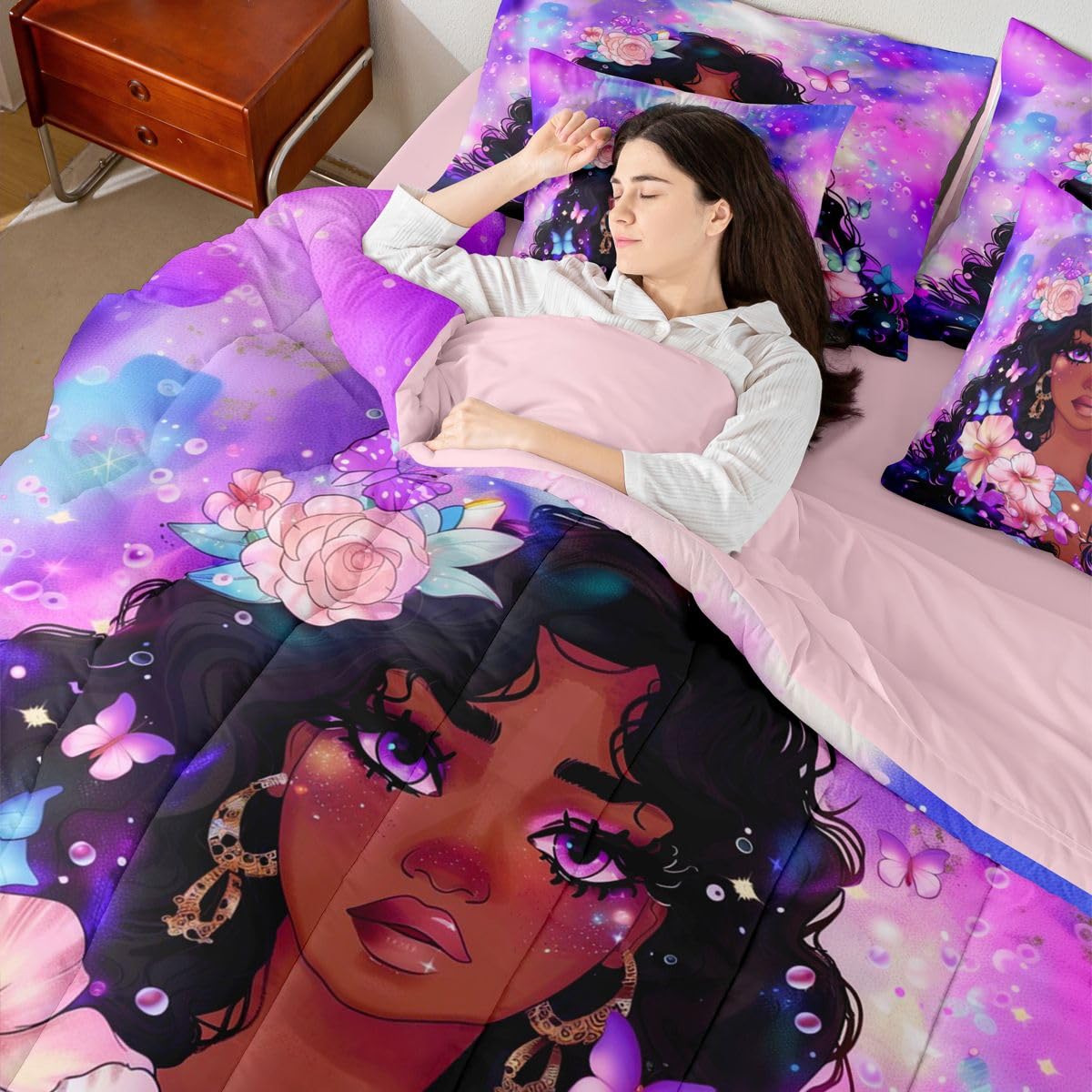 Erosebridal Cute Cartoon Black Girls Queen Bedding Set Purple Pink Romantic Floral Comforter Set with Flat and Fitted Sheet Kids Teen Vibrant Butterfly 7-Piece Bed in a Bag Watercolor Art Quilt Sets