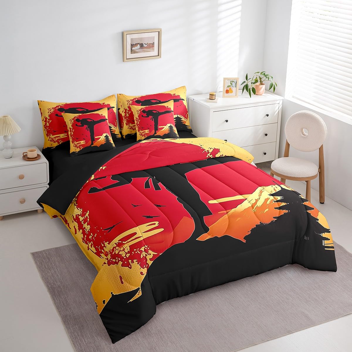 Feelyou Kids Taekwondo Comforter Set Full Size 7 Pieces Kungfu Karate Sunset Bedding Set Martial Art Japanese Style Japanese Sports Bed in a Bag with Comforter, Sheets, Pillowcases & Cushion Cover