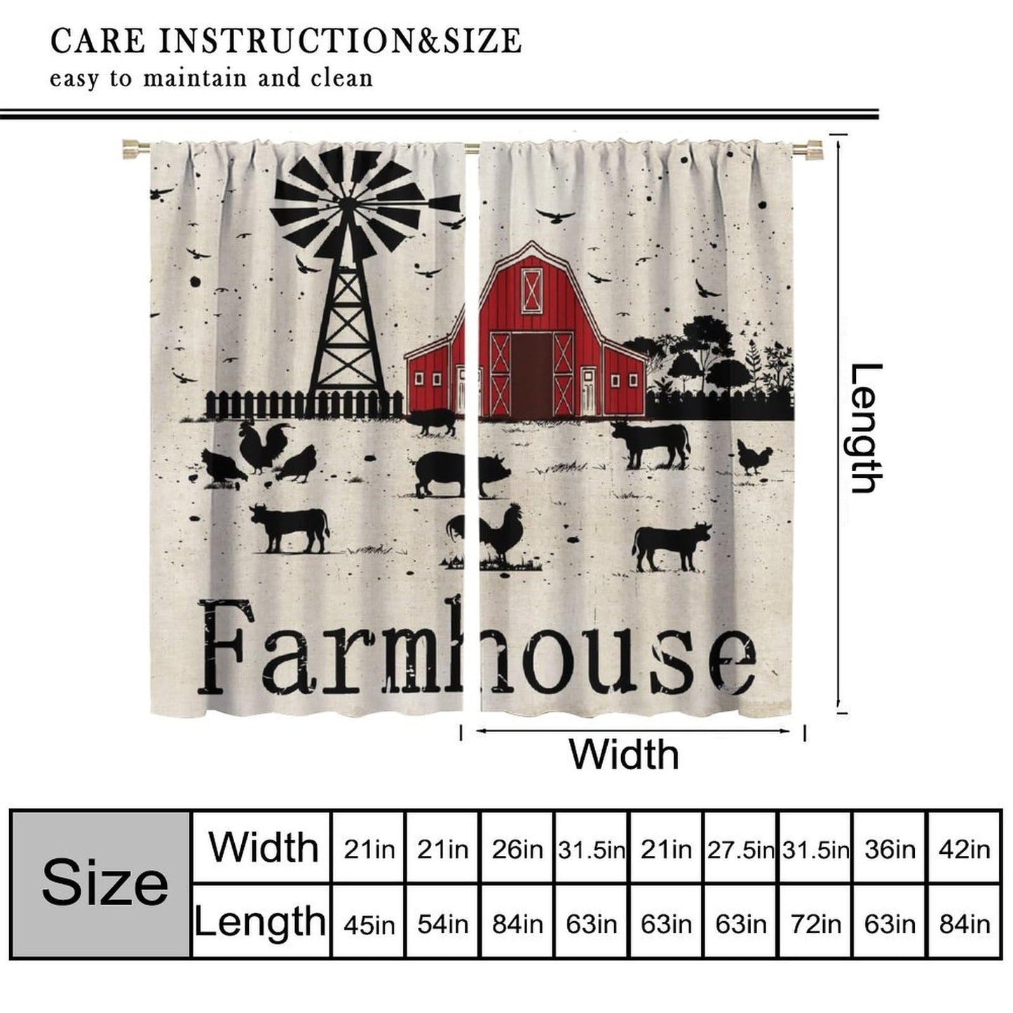 YCness Country Farmhouse Curtains Red House Cow Pig Chicken Window Treatments for Rod Pocket Drapesfor Living Room Bedroom Kitchen 42x45 Inch