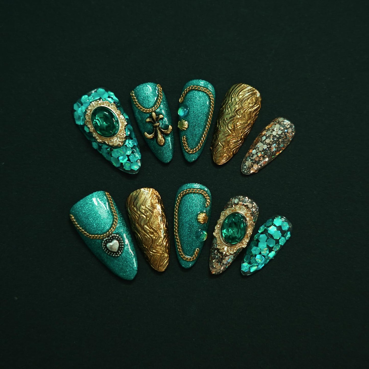 Tesytto Luxury Vintage Press on Nails Medium Almond, Handmade 3D Gemstone & Glitter Design Green Gold Acrylic Nails, Reusable False Nails (Exotic Flair,M)