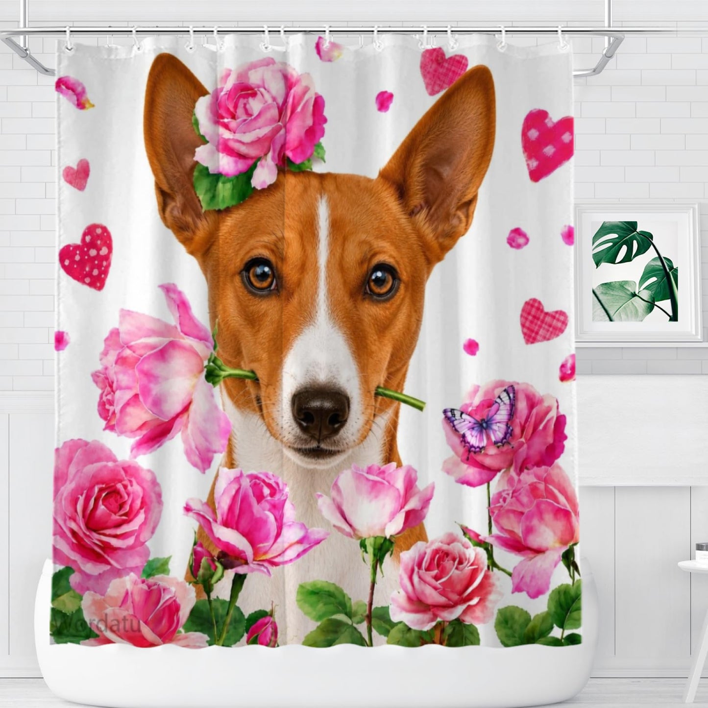 Wordatu Spring Summer Basenji Rose Shower Curtain, Bathroom Decor Fabric Polyester Waterproof 12 Hooks 72Wx72H Inch for Bathtub and Bathroom