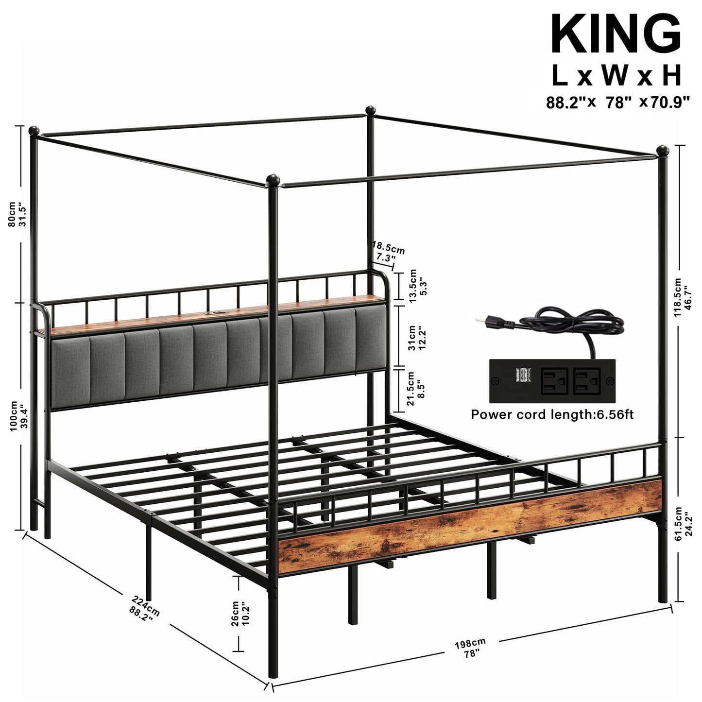 LIKIMIO Canopy Bed Frame King, Storage Headboard with Charging Station, Platform Bed with 4 Removable Sturdy Posts, Noise Free, No Box Spring Needed, Vintage Brown