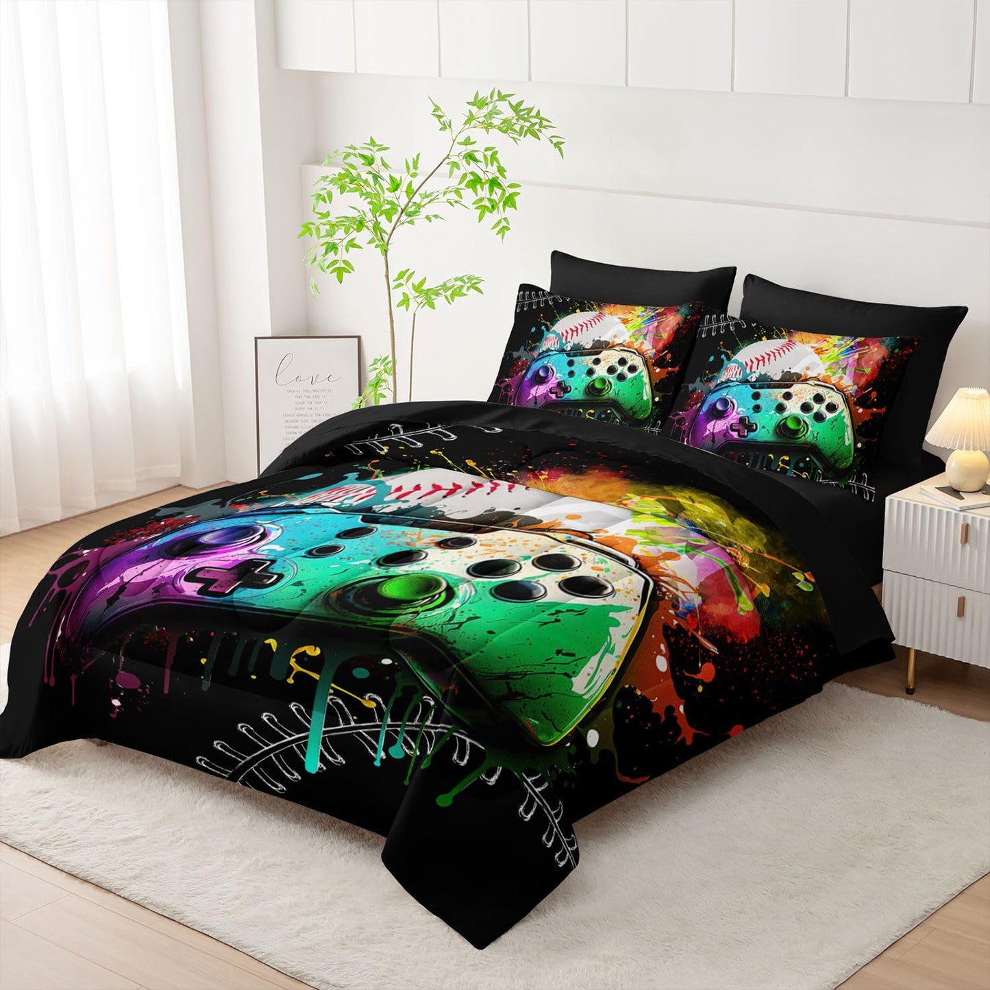 Smell Sunshine 7Pcs Comforter Set Gamepad Baseball Printed Bedding Set with 1 Comforter, 1 Flat Sheet, 1 Fitted Sheet and 4 Pillowcases for Boys and Girls Bedroom (Gamepad-3 Twin