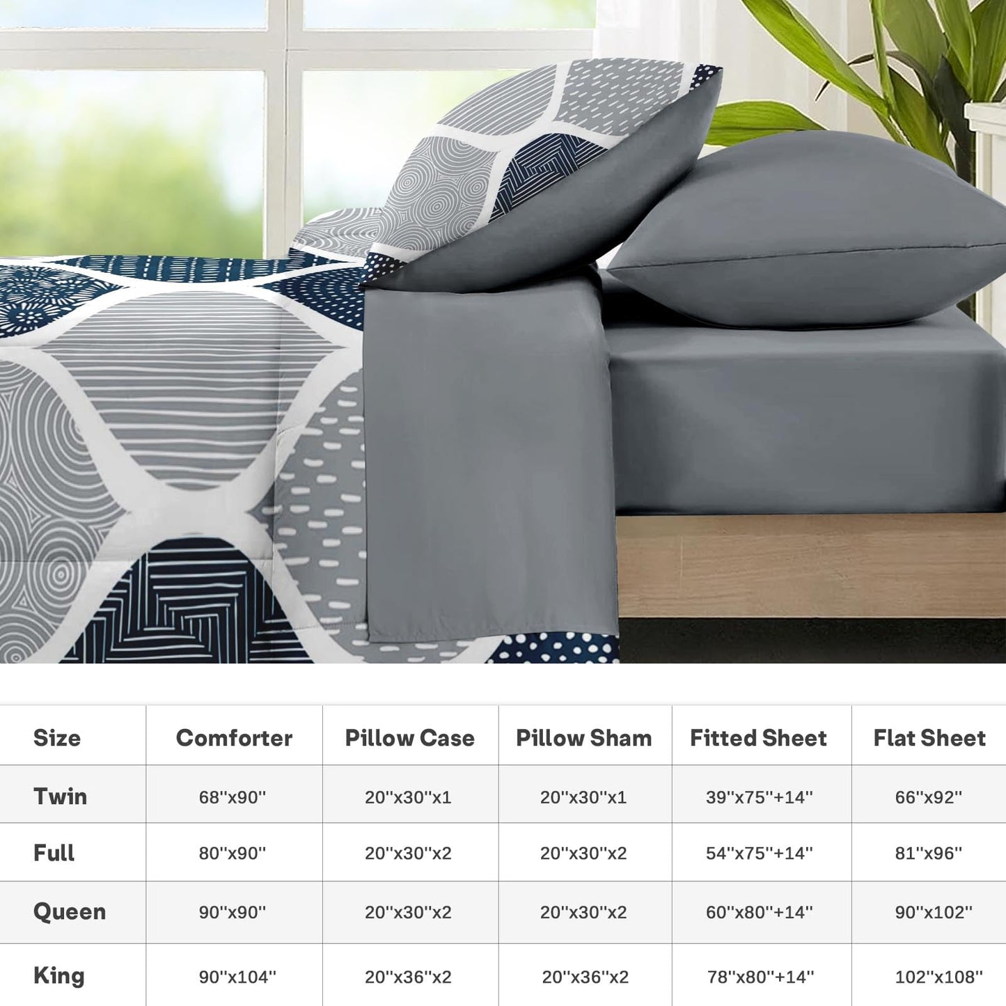 Nesker Comforter Set Queen Size, Boho Bohemian Abstract Blue Gray 7 Pcs Bedding for Kids and Adults, Indigo Geometry Grey Bed Sheet Sets with Fitted Sheet 2 Pillowcases & 2 Shams