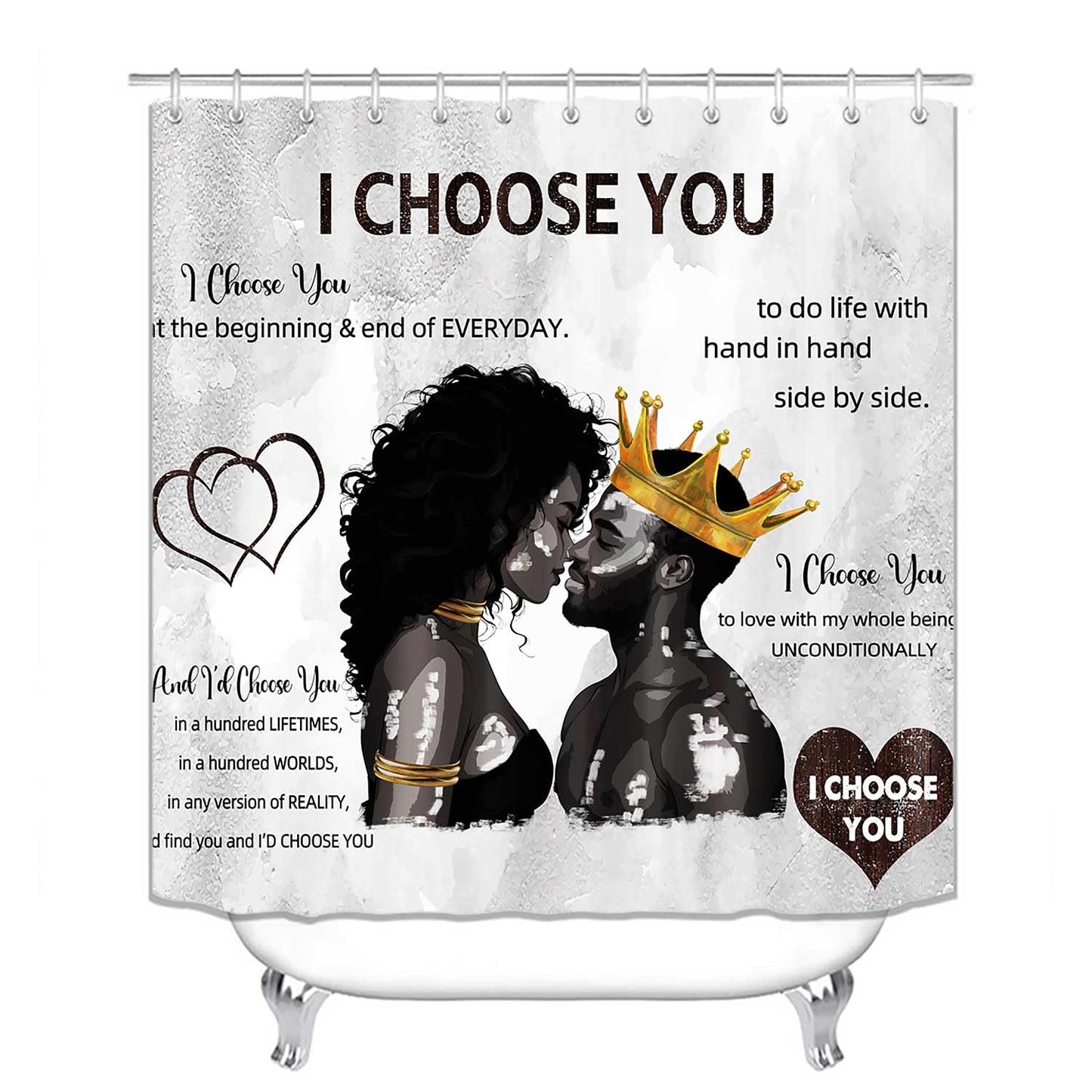 OLEBETY 4PCS African American Shower Curtain Sets with Rugs, Waterproof Fabric Grey Shower Curtain, Black Women Men King Romantic Quotes Anniversary Afro Lovers Couple Bathroom Decor, I Choose You