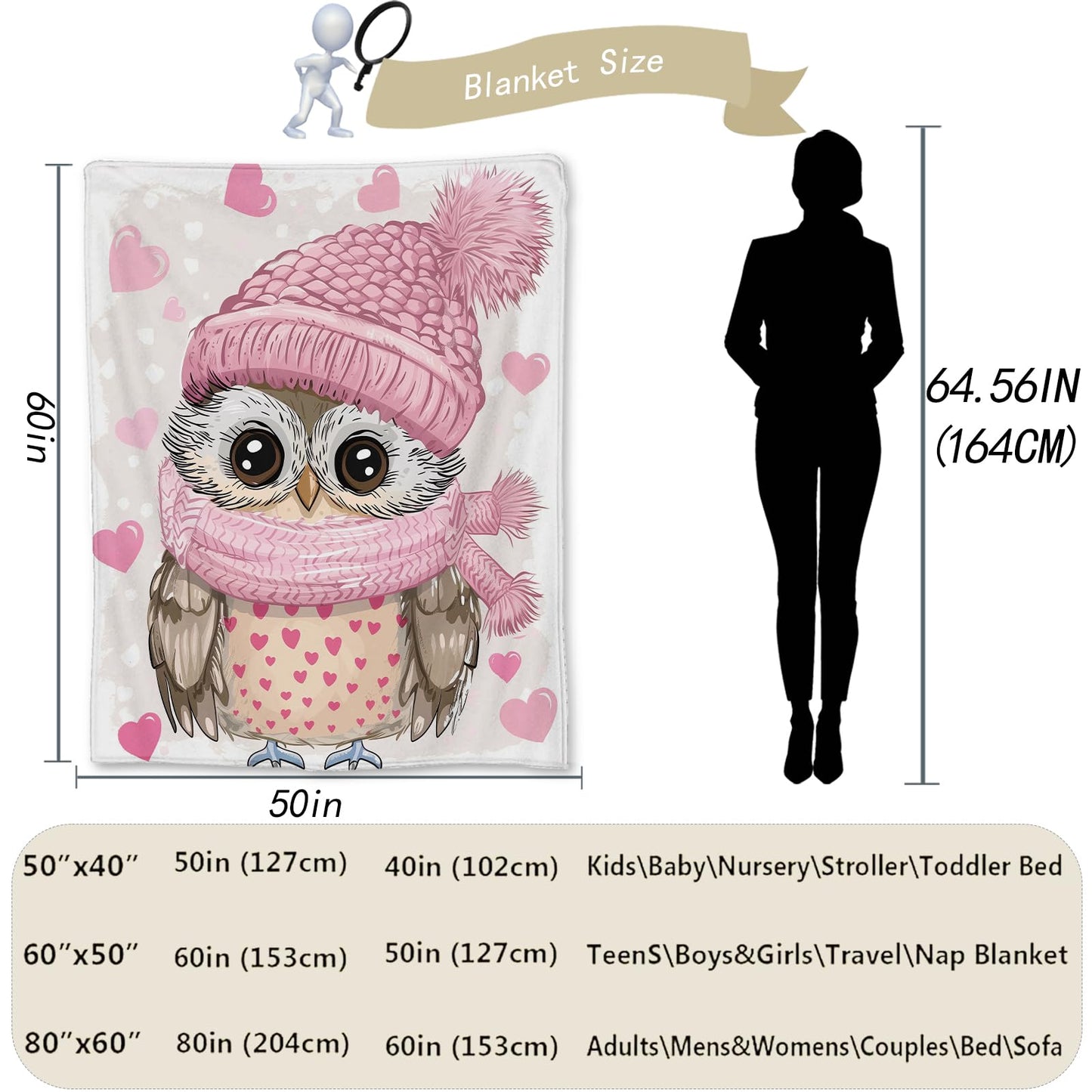 Ti Caldi Cute Owl Blanket, Soft Warm Lightweight Animal Flannel Throw Blanket for Couch, Bed, Travel & Outdoor, Cozy Fluffy Fuzzy Blankets for Women Girls, Home Decor 60×50 in