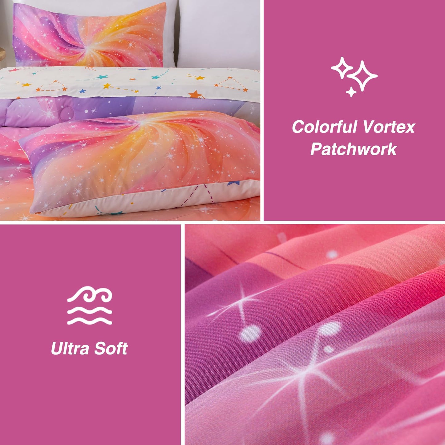 A Nice Night 6Pcs Twin Swirling Galaxy Dreamy Comforter Set, Colorful Rainbow Gradient Glitter Tie Dye Comforters, Ultra Soft Bedding Set (Purple-Pink, Twin 6Pcs)