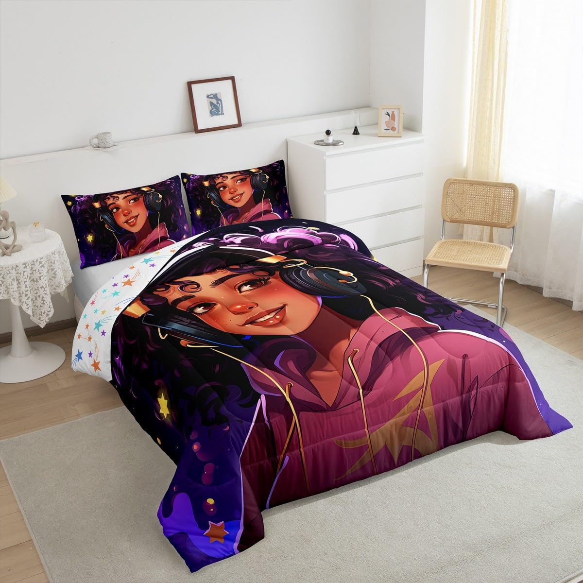Erosebridal Afro Girls Bedding Set American African Princess Magical Comforter Set Purple Curly Hair Girl Quilt,Musical Headphone Kawaii Room Decor for Kids Teens Toddler Girls