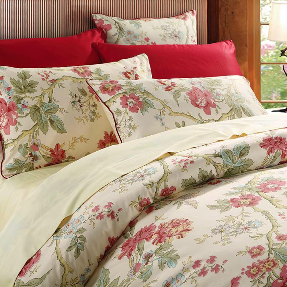 mixinni Garden Style 3 Pieces Red Flower Leaf Pattern Duvet Cover Set Queen Reversible Beige Comforter Cover Set for Women and Men, Easy Care, Soft, Durable-(3pcs, King Size)
