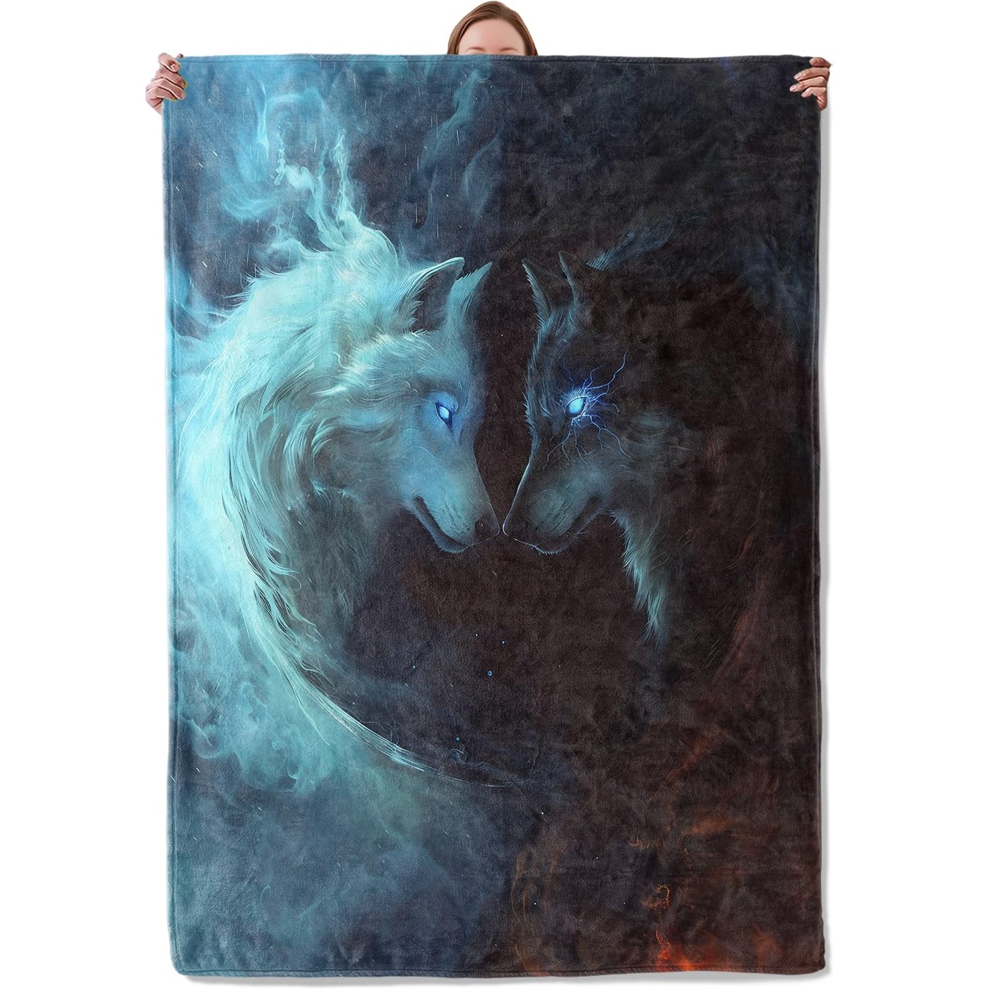 Wolf Fire and Ice Throw Blanket Gifts for Kids Women, Soft Warm Fantasy Wolf Flannel Blankets for Living Room Sofa Home Bedroom Decor 50" x 60"