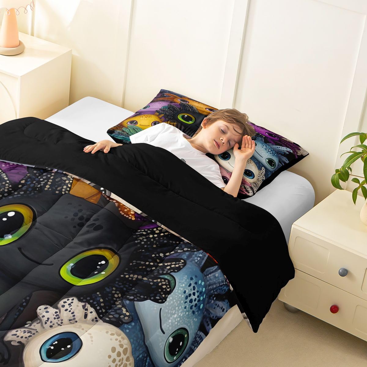 Manfei Kawaii Salamander Kids Comforter Toddler Size,Cute Axolotl Quilt Set for Kids Boys Girls Bedroom Decor,Cartoon Wildlife Kawaii Style Bedding Set,Black Duvet Insert,1 Pillowcase