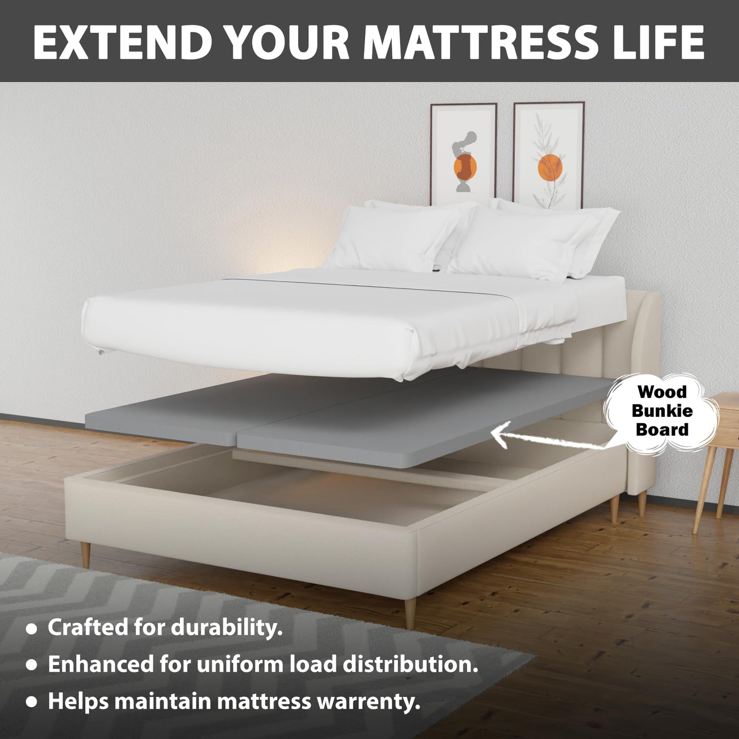 Nutan, 1.5" Split Wood Bunkie Board Full Size Bed-2-Piece Under Mattress Support, Fully Assembled, Fabric Ventilation Cover-Replaces Wooden Slats or Box Spring for Bed Frames, Grey
